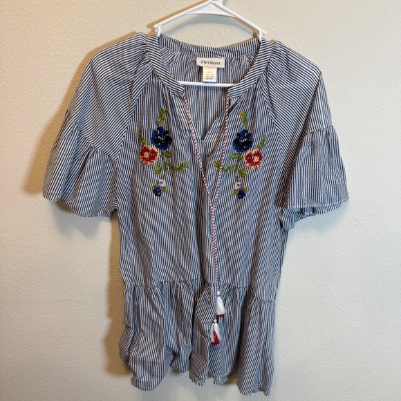 CW Classics Womens Striped Embroidered Tunic Top Blouse Medium Blue White - Picture 1 of 3